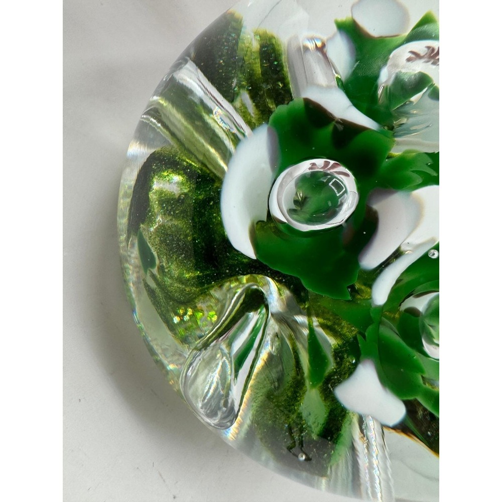 Jennings Bonnell JB Art Glass Paperweight Glitter Green White Floral Bubble - Picture 9 of 12